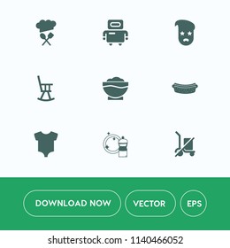 Modern, simple vector icon set on white background with furniture, kid, style, vintage, meat, equipment, digital, old, kitchen, chair, futuristic, dinner, retro, robot, food, science, send, chef icons