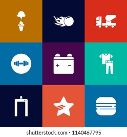 Modern, simple vector icon set on colorful flat backgrounds with dessert, industrial, meteor, sport, scan, snack, cream, machine, comet, fitness, sign, gym, battery, clothes, weight, full, work icons