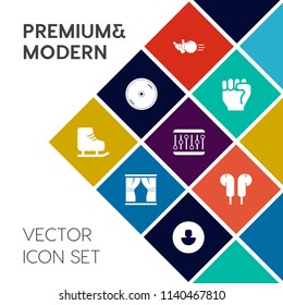 Modern, simple vector icon set on colorful flat background with skating, hobby, leisure, bowling, fun, compact, dvd, recreation, hand, profile, home, business, cd, stereo, competition, abstract icons