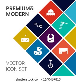 Modern, simple vector icon set on colorful flat background with sun, morning, child, bike, light, water, toy, sign, hygiene, sunny, wet, work, animal, duck, desk, table, business, bird, white icons