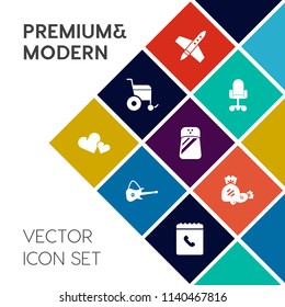 Modern, simple vector icon set on colorful flat background with background, sweet, seasoning, musical, technology, guitar, music, spaceship, rocket, phone, white, satellite, food, business, ship icons