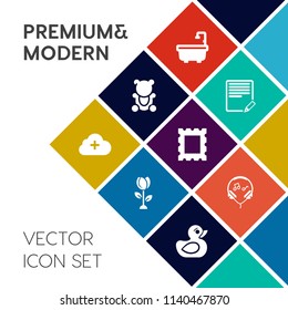 Modern, simple vector icon set on colorful flat background with fur, pen, cloud, duck, audio, picture, brown, web, nature, edit, play, rubber, modern, sign, fluffy, blossom, bear, frame, toilet icons