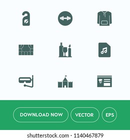 Modern, simple vector icon set on white background with gym, film, movie, hotel, service, water, glass, shirt, clothing, graphic, sound, clothes, theater, weight, equipment, room, snorkel, vine icons
