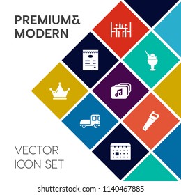 Modern, simple vector icon set on colorful flat background with button, cream, car, day, construction, coffee, plate, food, shipping, transportation, file, interface, trailer, cargo, saw, ice icons