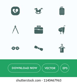 Modern, simple vector icon set on white background with case, sign, glasses, tool, work, bag, heart, play, business, metal, sunglasses, style, hanger, cream, suitcase, bow, duck, broken, dessert icons