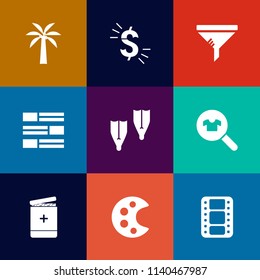 Modern, simple vector icon set on colorful flat backgrounds with service, newspaper, sign, communication, medical, fashion, palette, sport, currency, clothes, flipper, air, repair, web, news,  icons