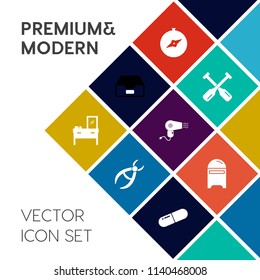 Modern, simple vector icon set on colorful flat background with medical, storage, file, navigation, rowing, canoe, mail, travel, mailbox, envelope, office, medicine, oar, dentist, pill, boat icons