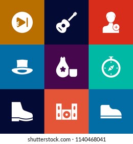 Modern, simple vector icon set on colorful flat backgrounds with video, cap, hat, player, object, map, cuisine, concert, musical, person, rice, footwear, internet, web, north, compass, seafood icons