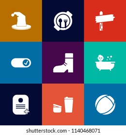 Modern, simple vector icon set on colorful flat backgrounds with , footwear, white, arrow, cute, plate, sugar, shoe, sign, bath, shower, clothing, ball, identity, cafe, boot, lunch, kid, child icons