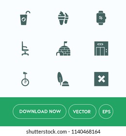 Modern, simple vector icon set on white background with pen, orange, ink, entrance, ice, calligraphy, lift, beverage, chair, vanilla, device, watch, dessert, arctic, technology, summer, house icons