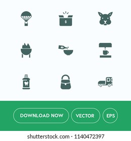 Modern, simple vector icon set on white background with parachuting, pack, health, barbecue, grill, cardboard, delivery, skydiving, cute, air, box, truck, transportation, container, fashion, bag icons