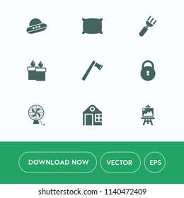Modern, simple vector icon set on white background with restaurant, vehicle, sign, fire, sleep, screwdriver, house, technology, candle, dinner, lock, soft, wax, hammer, spacecraft, flame, knife icons