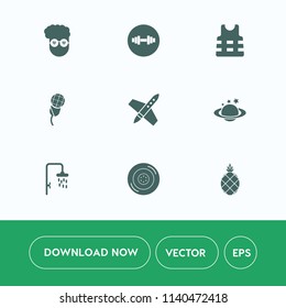 Modern, simple vector icon set on white background with planet, audio, art, technology, dumbbell, gym, craft, fruit, mic, equipment, shower, fashion, music, life, tropical, pineapple, globe, car icons