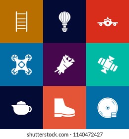 Modern, simple vector icon set on colorful flat backgrounds with fly, disc, drone, parachuting, travel, airplane, hot, breakfast, tea, parachute, extreme, skydiving, space, bouquet, technology icons