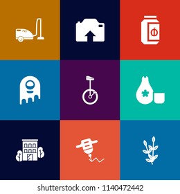 Modern, simple vector icon set on colorful flat backgrounds with glass, photo, domestic, jar, home, building, wheat, food, bike, cuisine, harvest, fiction, ufo, drill, estate, electric, cleaner icons