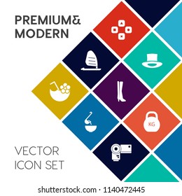 Modern, simple vector icon set on colorful flat background with fun, computer, food, juice, vegetable, footwear, spoon, object, wind, surf, kilogram, water, photographer, video, photo, camera icons