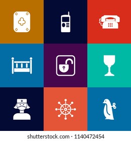 Modern, simple vector icon set on colorful flat backgrounds with helm, home, communication, kid, open, wine, old, medical, call, glass, casino, alcohol, phone, telephone, cradle, animal, toy icons