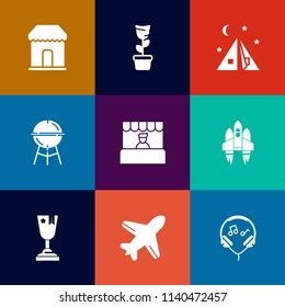 Modern, simple vector icon set on colorful flat backgrounds with flight, bbq, audio, sign, barbecue, craft, meat, decoration, plant, achievement, retail, technology, home, modern, store, first icons