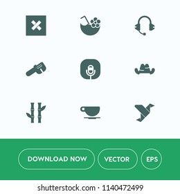 Modern, simple vector icon set on white background with asian, asia, radio, spanner, repair, creative, fashion, nature, headphones, sign, cup, alcohol, plant, cold, drink, origami, microphone icons