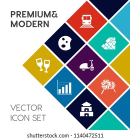 Modern, simple vector icon set on colorful flat background with dessert, transportation, doughnut, pagoda, atlas, glass, chart, red, continent, lollipop, sweet, bike, sport, world, transport icons