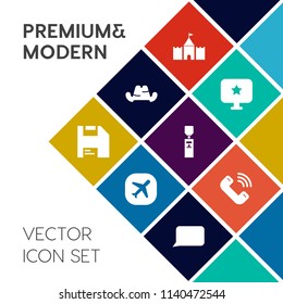 Modern, simple vector icon set on colorful flat background with diskette, phone, water, floppy, web, talk, plastic, baseball, disk, cap, bubble, internet, speech, object, technology, aircraft icons