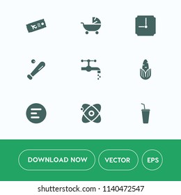 Modern, simple vector icon set on white background with league, space, pram, clock, cold, airplane, stroller, hour, tourism, bathroom, mobile, faucet, menu, ticket, flight, baby, drink, corn icons