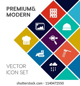 Modern, simple vector icon set on colorful flat background with white, picture, blank, bathroom, architecture, hat, city, old, house, industry, machinery, cap, restaurant, laptop, bath, rain icons