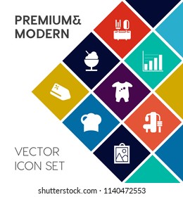 Modern, simple vector icon set on colorful flat background with sale, lunch, gym, clothing, sweet, restaurant, promotion, child, chart, sport, cook, label, cuisine, price, uniform, clothes, cone icons
