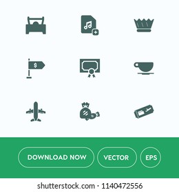 Modern, simple vector icon set on white background with ticket, file, jewelry, finance, queen, bank, food, flight, web, document, king, cup, business, cappuccino, luxury, coffee, airplane, air icons