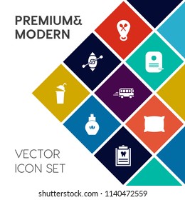 Modern, simple vector icon set on colorful flat background with map, perfume, spray, id, sign, transportation, home, cosmetic, transport, bottle, web, road, business, cup, aroma, clinic, patient icons