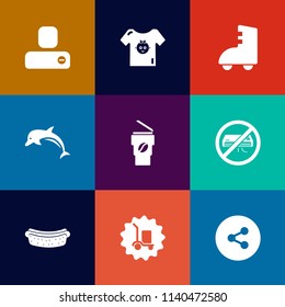 Modern, simple vector icon set on colorful flat backgrounds with kid, human, sign, hot, wildlife, animal, newborn, clothes, cargo, cup, button, member, conditioner, package, internet, contact icons