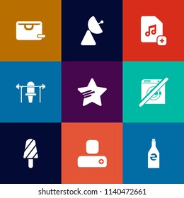 Modern, simple vector icon set on colorful flat backgrounds with bottle, human, antenna, sign, liquid, contact, star, fitness, buy, signal, food, drink, bag, dont, network, barbell, gift, person icons