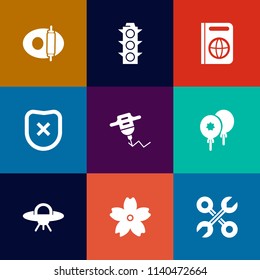 Modern, simple vector icon set on colorful flat backgrounds with view, flower, transportation, food, sakura, pot, blue, white, alien, cherry, spring, blossom, cooking, water, celebration, red icons