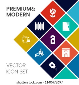 Modern, simple vector icon set on colorful flat background with health, building, fence, hotel, powder, bag, document, floral, old, paper, metal, real, outdoor, security, sign, estate, blossom icons