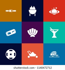 Modern, simple vector icon set on colorful flat backgrounds with sea, buckle, marine, drink, equipment, cocktail, vacation, sausage, journey, casino, globe, seat, bbq, poker, nature, summer, air icons