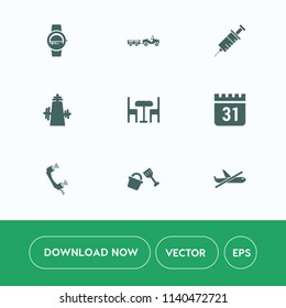 Modern, simple vector icon set on white background with tool, dental, care, kitchen, screen, table, delivery, flight, touch, calendar, medical, shipping, airplane, equipment, call, drill, day icons