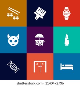 Modern, simple vector icon set on colorful flat backgrounds with dna, japan, paint, sushi, stroke, handle, rice, hotel, fiction, white, time, ufo, japanese, fish, space, bed, smart, raw, brush icons