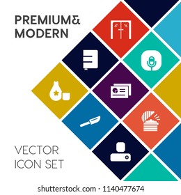 Modern, simple vector icon set on colorful flat background with glass, page, chef, steel, object, entrance, coffee, chart, contact, human, restaurant, textbook, japan, person, modern, audio, mic icons