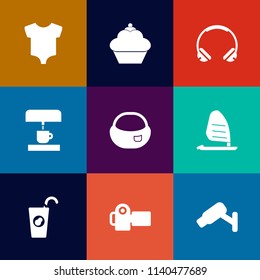 Modern, simple vector icon set on colorful flat backgrounds with fresh, food, surveillance, safety, kitchen, small, camera, sound, object, healthy, school, fruit, sport, backpack, photo, child icons