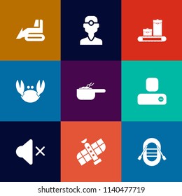 Modern, simple vector icon set on colorful flat backgrounds with equipment, contact, machine, seafood, work, station, medicine, hygiene, bulldozer, industry, sea, sound, hydraulic, dish, dentist icons