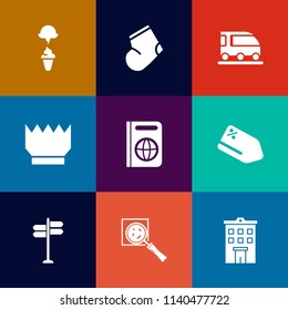 Modern, simple vector icon set on colorful flat backgrounds with luxury, price, document, train, summer, crown, find, building, tag, cream, sale, estate, machine, milk, discount, immigration icons