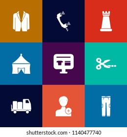 Modern, simple vector icon set on colorful flat backgrounds with circus, person, account, king, tent, suit, strategy, sale, fun, pants, knight, phone, chess, office, ecommerce, shipping, male icons