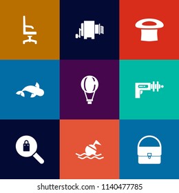 Modern, simple vector icon set on colorful flat backgrounds with female, jump, food, armchair, comfortable, extreme, parachute, parachuting, lifebuoy, sea, weapon, italian, white, home, pasta icons