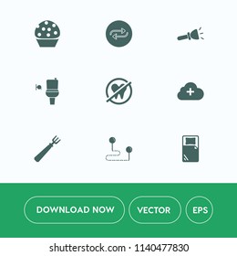 Modern, simple vector icon set on white background with light, concept, public, shine, restroom, muffin, dentist, white, wc, flashlight, replacement, dental, fork, professional, bed, dinner, map icons