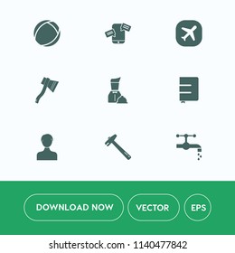 Modern, simple vector icon set on white background with hammer, sink, business, service, faucet, aircraft, ball, plane, communication, dinner, notebook, paper, phone, book, equipment, sphere icons