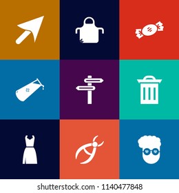 Modern, simple vector icon set on colorful flat backgrounds with pointer, protective, box, cook, waste, uniform, chemical, arrow, cursor, garbage, dress, mouse, sign, style, cooking, female, web icons