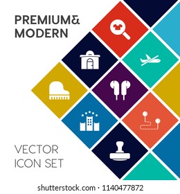 Modern, simple vector icon set on colorful flat background with real, lifestyle, architecture, casual, woman, city, musical, sound, searching, position, mark, destination, hotel, point, fashion icons