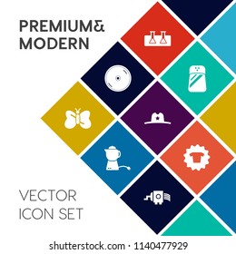 Modern, simple vector icon set on colorful flat background with teapot, medicine, fashion, salt, record, hat, west, spice, nature, white, kitchen, hot, cd, texas, sheriff, laboratory, breakfast icons