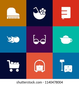 Modern, simple vector icon set on colorful flat backgrounds with notebook, vacation, eye, sofa, bed, cart, tea, hotel, alcohol, business, astronomy, cold, book, comet, concert, page, teapot, ice icons