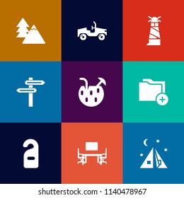 Modern, simple vector icon set on colorful flat backgrounds with document, landscape, nature, environment, automobile, adventure, office, cocktail, forest, table, pine, automotive, business, sea icons